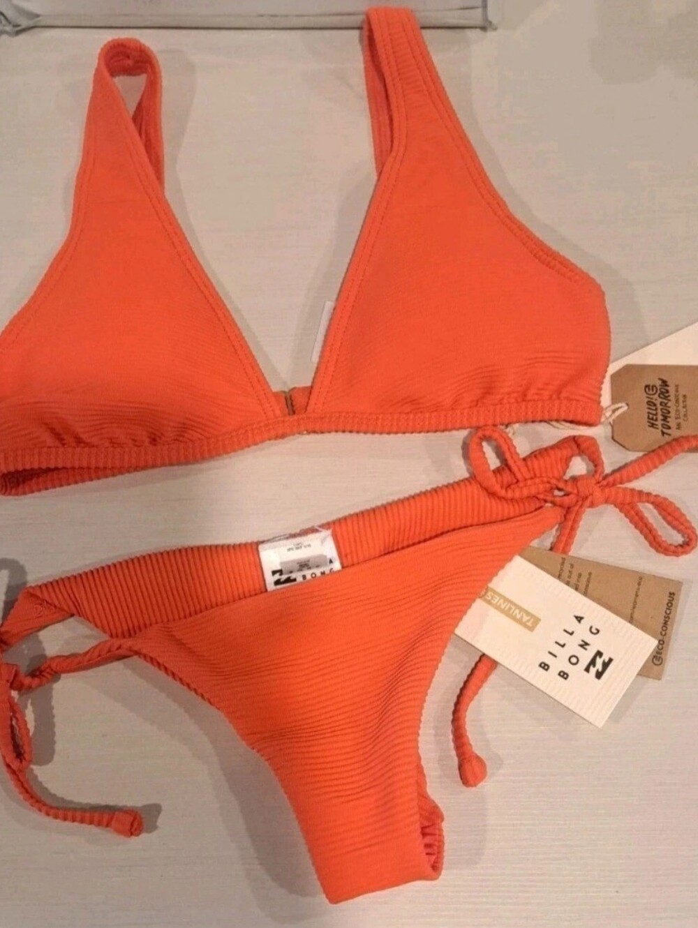 Billabong Bright Orange Ribbed Tie-Side Bikini Set Sz Xs